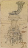 UV false-colour photograph Pen, chalk and graphite drawing of a Rhyton candelabra with a drinking horn decorated with a boar's head on a tiered, ornamentally designed pedestal