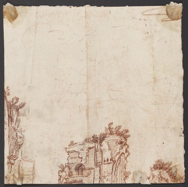 Auflichtaufnahme Fragment einer mit Rötel gefertigten Landschaftszeichnung mit überwachsenen Ruinen am unteren und linken Bildrand