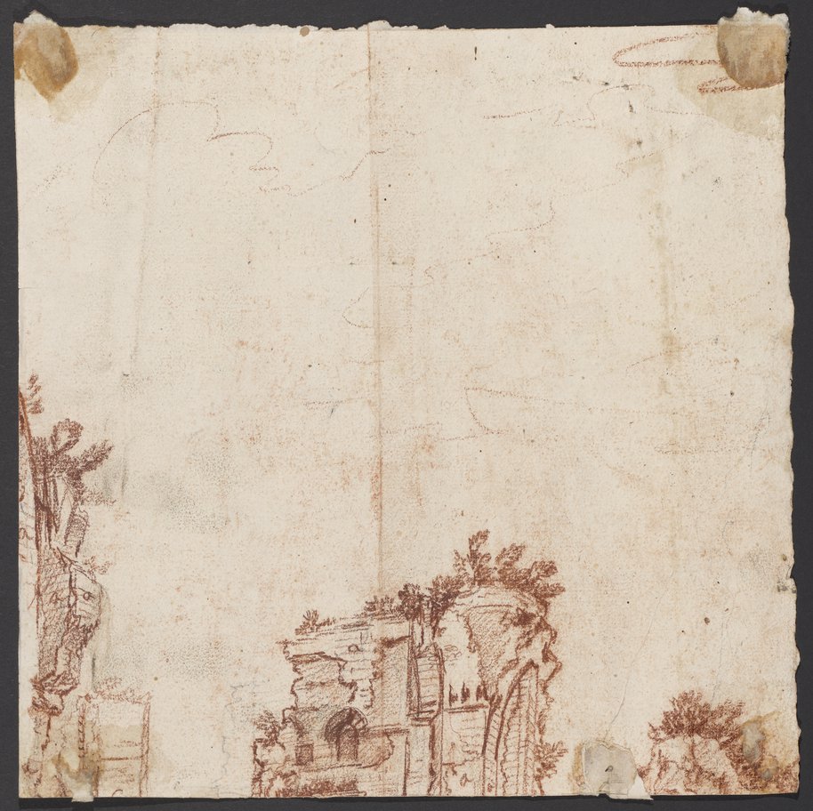 Auflichtaufnahme Fragment einer mit Rötel gefertigten Landschaftszeichnung mit überwachsenen Ruinen am unteren und linken Bildrand