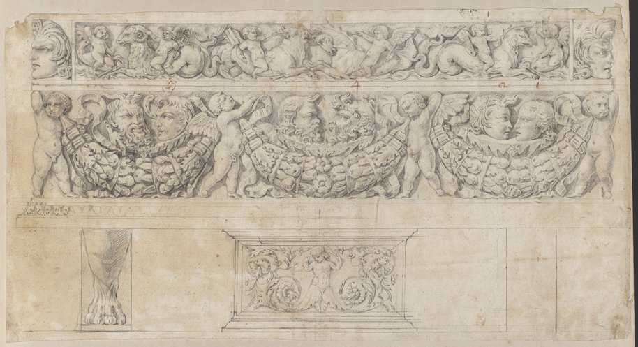 Incident light image. Black chalk drawing of the so-called Lyde Browne sarcophagus with four garland-bearing erotes and pairs of Dionysian masks and a figural frieze