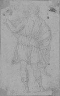 UV reflectance photograph Drawing in black chalk of a standing figure with a shawl draped over his shoulders and laced shoes