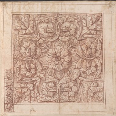 Visible reflectance photograph Red chalk drawing of a square  soffitt with leaves encircling a central flower