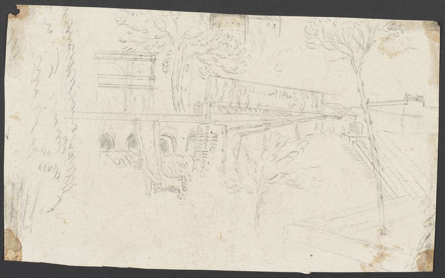 Visible reflectance photograph Sketch fragment of a veduta drawn with black chalk from the garden of the Villa d'Este in Tivoli with terraces, stairs and fountains