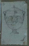 UV-Fluoreszenz-Aufnahme Frontalansicht einer Vase mit spiegelsymmetrischem Seepferd-Schmuckband mit schwarzer Kreide gezeichnet aus der Sammlung Burghley House