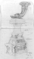 Infrarotreflektografie Feder-, Kreide- und Graphitzeichnung eines Rhyton-Kandelaber mit Eberkopf-geschmücktem Trinkhorn auf mehrstufigem, ornamental gestaltetem Postament