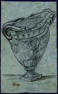 UV-Fluoreszenz-Aufnahme Grobe tiefenräumliche Skizze der sogenannten Stowe-Vase, leicht in die Diagonale nach oben rechts fluchtend, mit schwarzem Stift gezeichnet