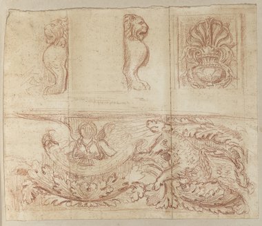 Visible reflectance photograph Relief studies drawn in red chalk, above two lion protomes in side view and corresponding palmette in a vase, below a wavy vine filled with figures