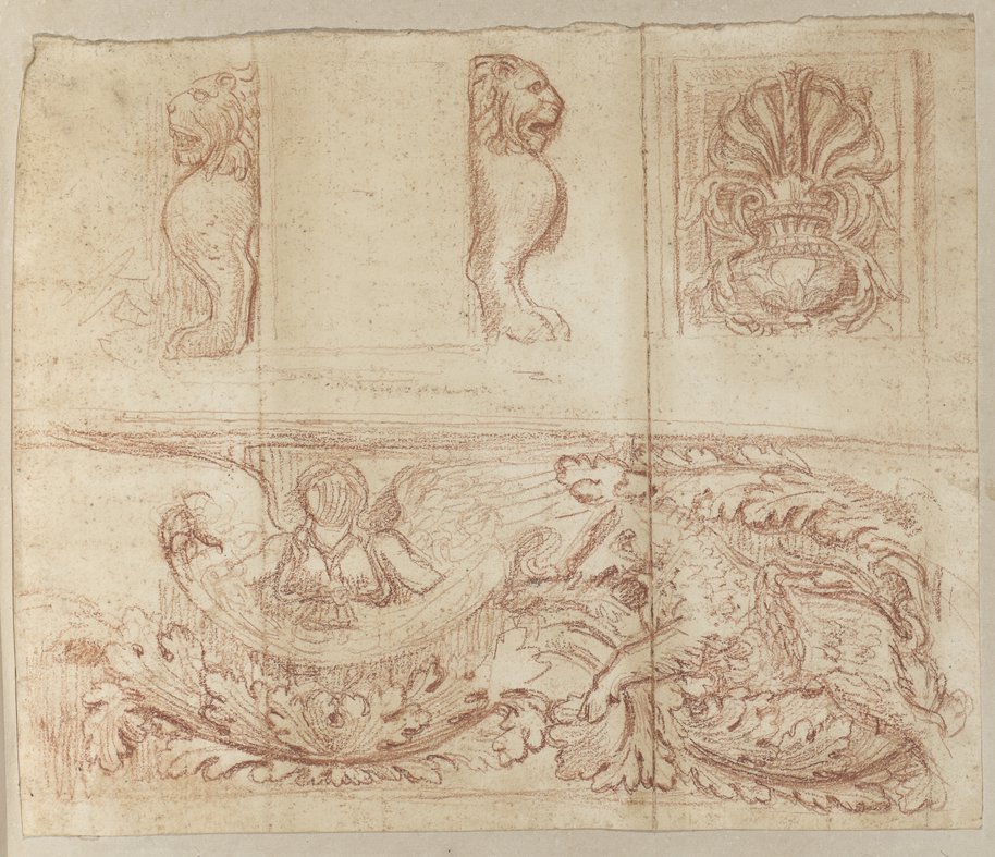 Auflichtaufnahme In Rötel ausgeführte Reliefstudien, oben zwei Löwenprotome in Seitenansicht und zugehörende Palmette in einer Vase, darunter eine mit Figuren gefüllte Wellenranke