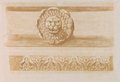 Infrarot-Falschfarben-Aufnahme Mit Rötel gefertigte Frontalansicht eines Wasserspeiers in Form eines Löwenkopfs und Kyma vom Dioskurentempel auf dem Forum Romanum