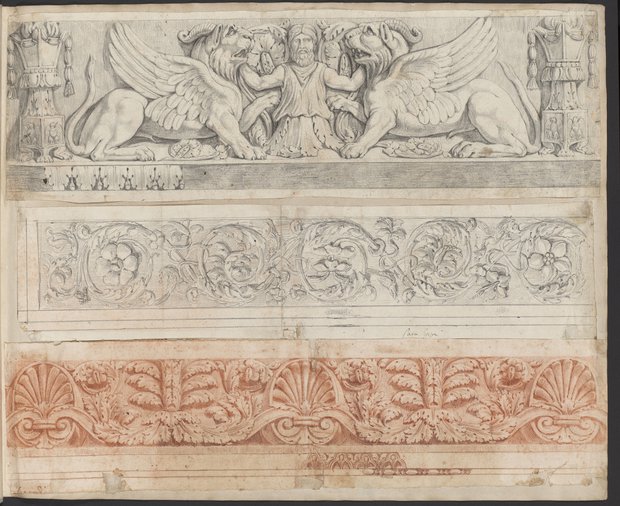 Visible reflectance photograph Three friezes with figures or with wavy vines, palmette or acanthus ornamentation