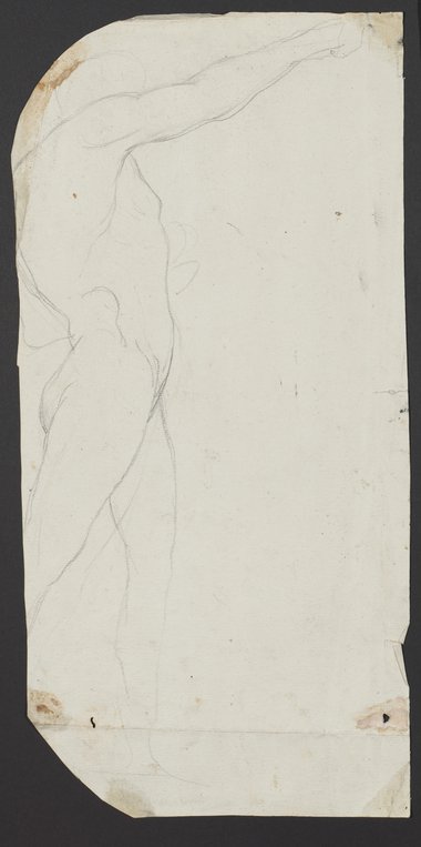 Auflichtaufnahme Ausschnitthafte Zeichnung einer schreitenden männlichen Figur in Seitenansicht mit ausgestrecktem rechten Arm