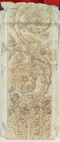 Infrarot-Falschfarben-Aufnahme Senkrecht aufsteigendes Wellenrankenrelief in der Villa Medici (Medici-Ranke) mit Rötel gezeichnet