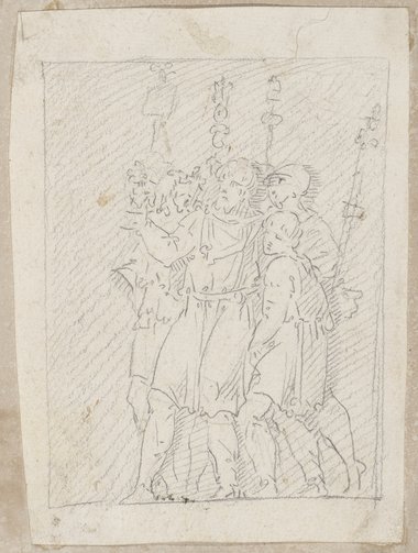Auflichtaufnahme Schwarze Kreidezeichnung einer dicht gedrängten Figurengruppe aus dem Attikarelief vom Konstantinsbogen, Nordseite