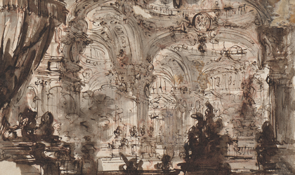 Dunkle und detailreiche Zeichnung einer phantastischen Architektur mit Blick in einen Palast