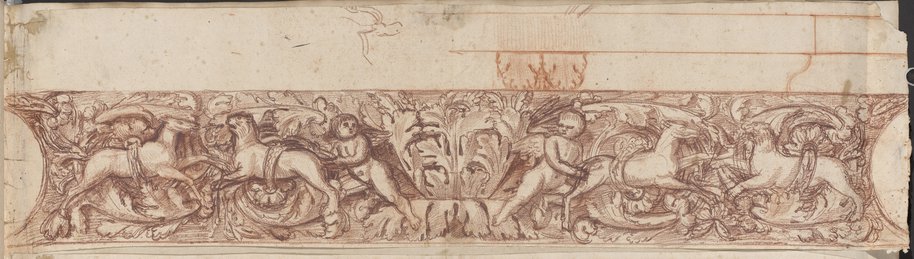 Auflichtaufnahme Rötelzeichnung eines Wellenrankenfrieses mit Eroten, Löwen und Hirschkuh auf einer Soffitte aus der Domus Flavia auf dem Palatin