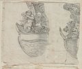 Infrarot-Falschfarben-Aufnahme Kreidezeichnung zweier Schiffsschnäbel, der linke mit in Muschel blasendem Triton geschmückt, der rechte mit Löwenköpfen und Volutenschmuck