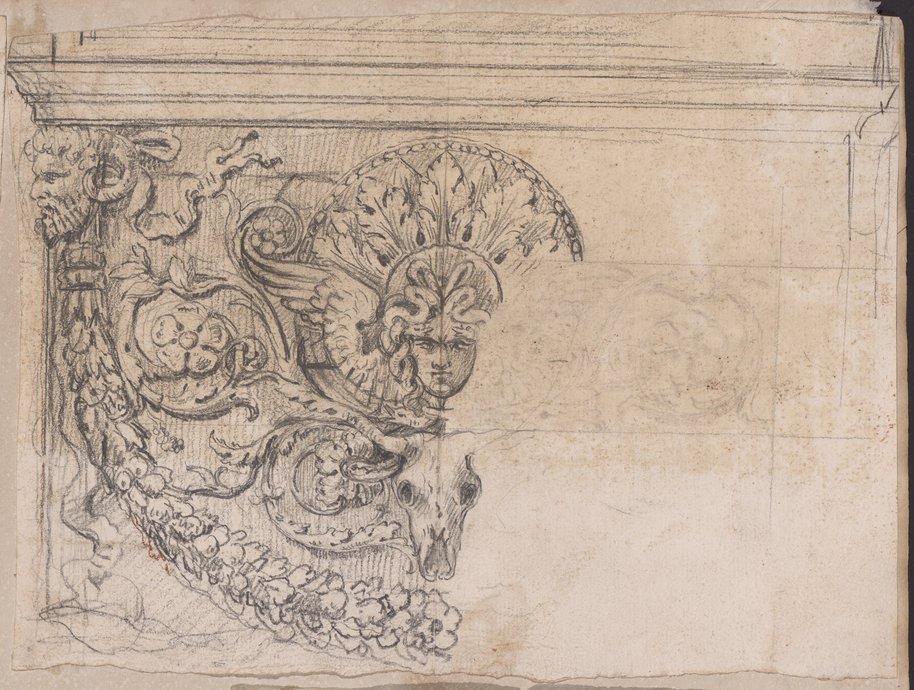 Visible reflectance photograph Black chalk drawing of a ash urn with garland, pan masks, rosette with winged head of Medusa and bucranion, mainly only the left half executed in detail
