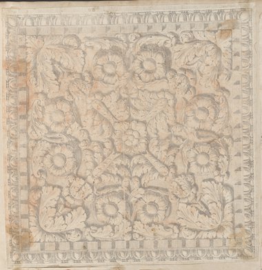 Auflichtaufnahme Abklatsch der Zeichnung einer quadratischen Soffitte mit Blattranken und zentraler Blüte vom Vespasianstempels auf dem Forum Romanum