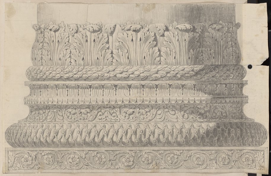 Auflichtaufnahme Reich ornamentierte Säulenbasis des Baptisteriums von San Giovanni in Laterano in schwarzer Kreide gefertigt