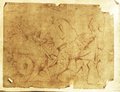 Transmitted light photograph Red chalk drawing of a relief with a hunt scene of four figures and three wild cats from the Palazzo Savelli