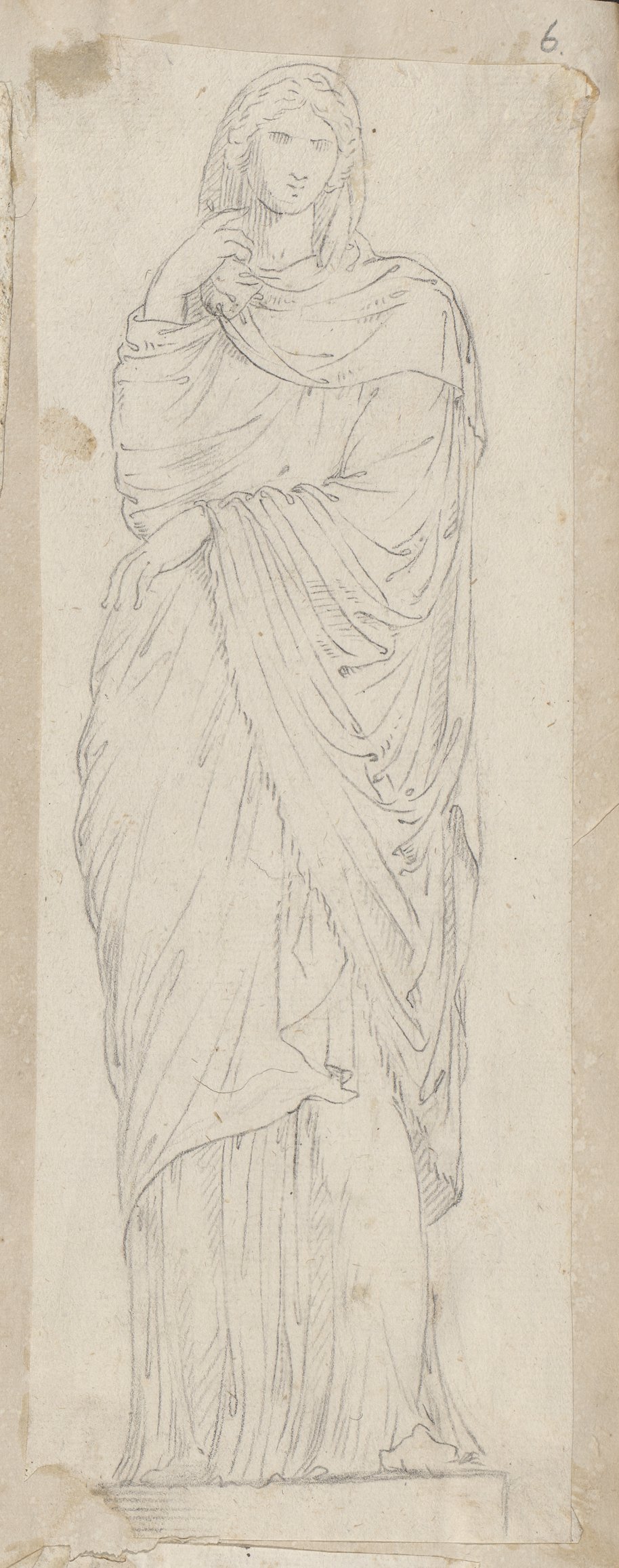 Visible reflectance photograph Standing female robed figure in the pose of a Pudicitia, drawn with black chalk