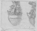 Infrarotreflektografie Kreidezeichnung zweier Schiffsschnäbel, der linke mit in Muschel blasendem Triton geschmückt, der rechte mit Löwenköpfen und Volutenschmuck