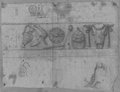 UV-Reflektografie Schwarze Kreidezeichnung eines Frieses  unter anderem mit Bukranion, Prunkhelm, Amphore und weitere Detailstudien vom Vespasianstempel auf dem Forum Romanum
