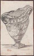 Infrarot-Falschfarben-Aufnahme Grobe tiefenräumliche Skizze der sogenannten Stowe-Vase, leicht in die Diagonale nach oben rechts fluchtend, mit schwarzem Stift gezeichnet