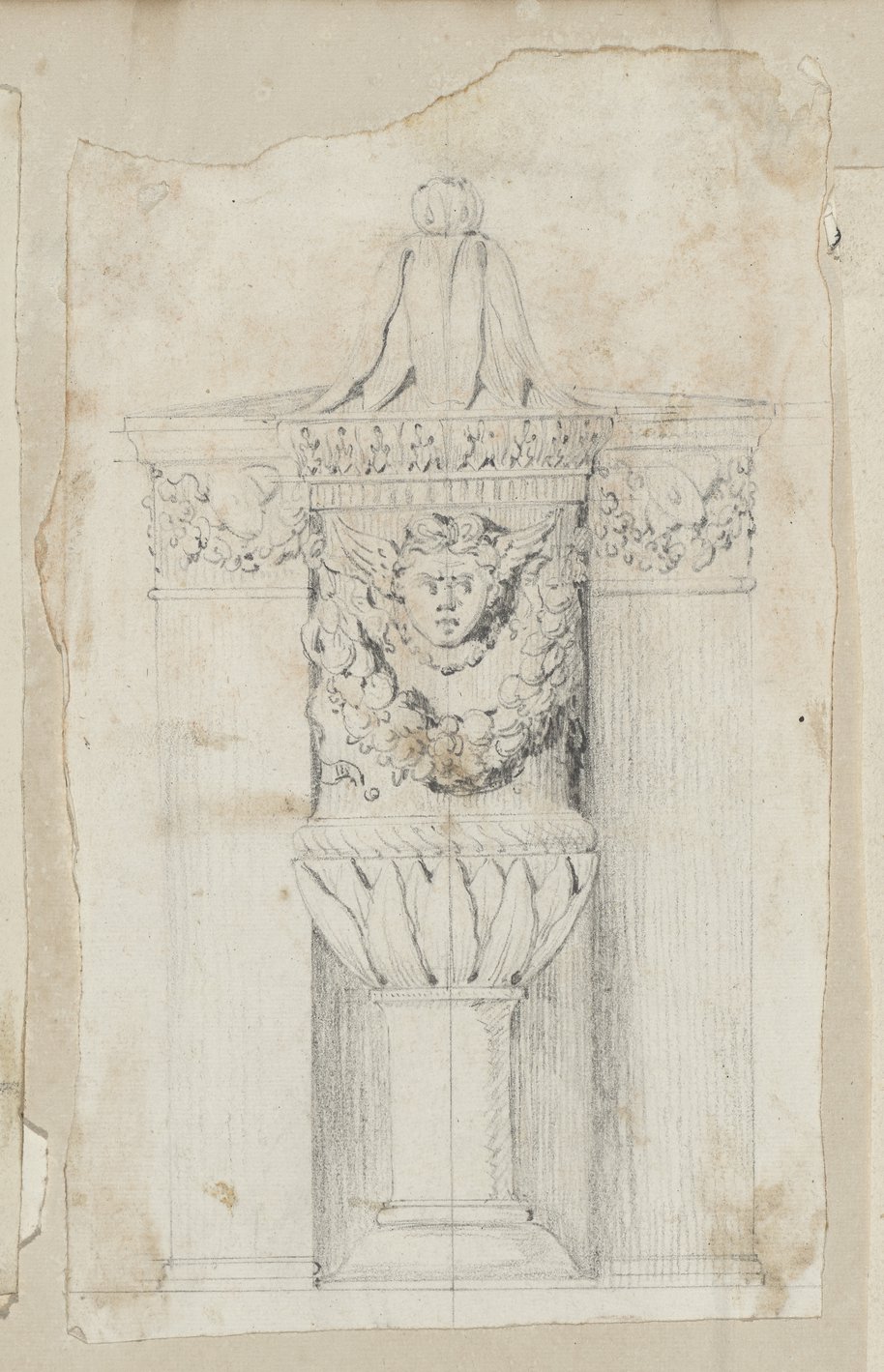 Visible reflectance photograph Black chalk drawing of a lidded urn with cylindrical shape resting on a round pillar decorated with a garland and a mask in front of wall piece with garland frieze