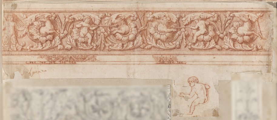 Incident light photograph of a red chalk drawing of a frieze with wavy vines with hunting erotes, lions and hinds from San Lorenzo fuori le mura