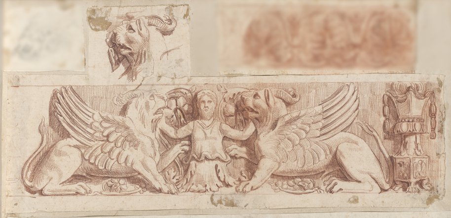 Auflichtaufnahme Passgenau zugeschnittene Rötelzeichnung eines Frieses mit einem Mann zwischen zwei gehörnten und geflügelten Löwen und Detailausschnitt des Löwenkopfes aus der Domus Flavia auf dem Palatin