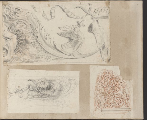 Auflichtaufnahme Fries mit Medusenhaupt, Volutenkonsole, Eckakroter