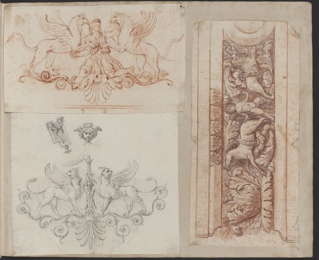 Visible reflectance photograph Three drawings: figure with griffins, leafy relief, breastplate