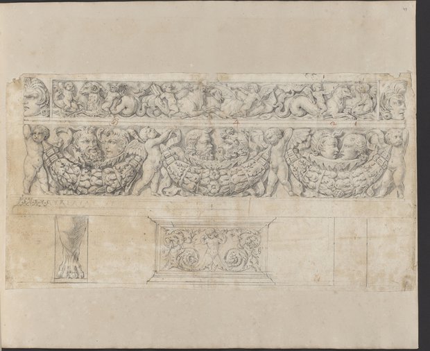 Auflichtaufnahme Lyde Browne-Sarkophag mit Eroten und dionysischen Maskenpaaren