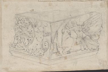 Visible reflectance photograph Chalk drawing of the corner piece of a frieze from the Farnese Gardens on the Palatine depicting a vines Eros and a Victory sacrificing a bull