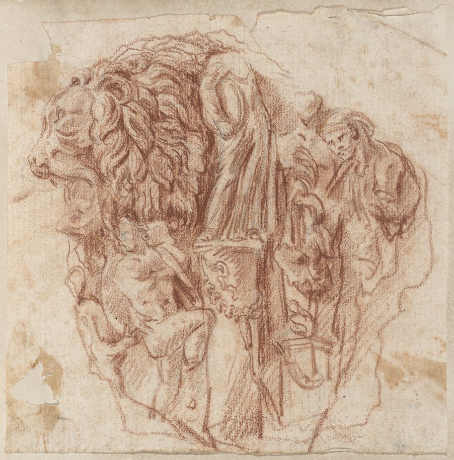 Auflichtaufnahme Rötelzeichnung vom Fragment eines Wannensarkophags mit Löwenkopf aus der Villa Albani