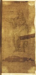 Durchlicht-Aufnahme Kreide-, Rötel-, und Graphitzeichnung einer männlichen Figur, Paulus, mit Segensgestus auf in Umrisslinien skizziertem Sockel von der Marc-Aurel-Säule