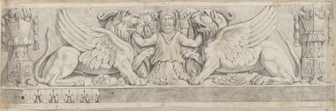 Visible reflectance photograph Black chalk drawing of a frieze with a man between two horned and winged lions from the Domus Flavia on the Palatine