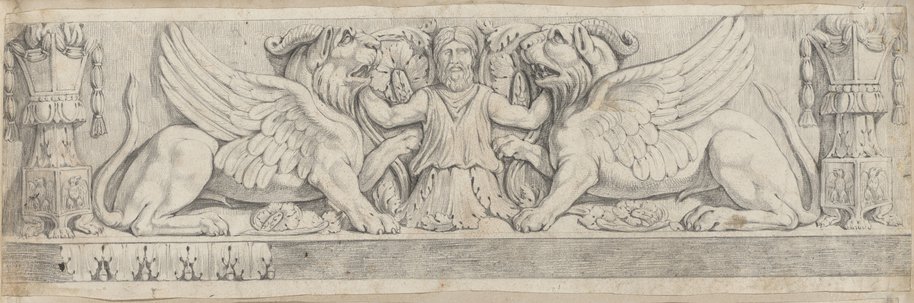 Auflichtaufnahme Schwarze Kreidezeichnung eines Frieses mit einem Mann zwischen zwei gehörnten und geflügelten Löwen aus der Domus Flavia auf dem Palatin
