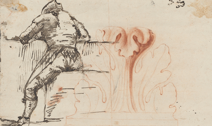 Zeichnung die einen sitzenden Mann in der Rückansicht zeigt sowie rechts daneben ein architektonisches Ornament.