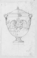 Infrarotreflektografie Frontalansicht einer Vase mit spiegelsymmetrischem Seepferd-Schmuckband mit schwarzer Kreide gezeichnet aus der Sammlung Burghley House