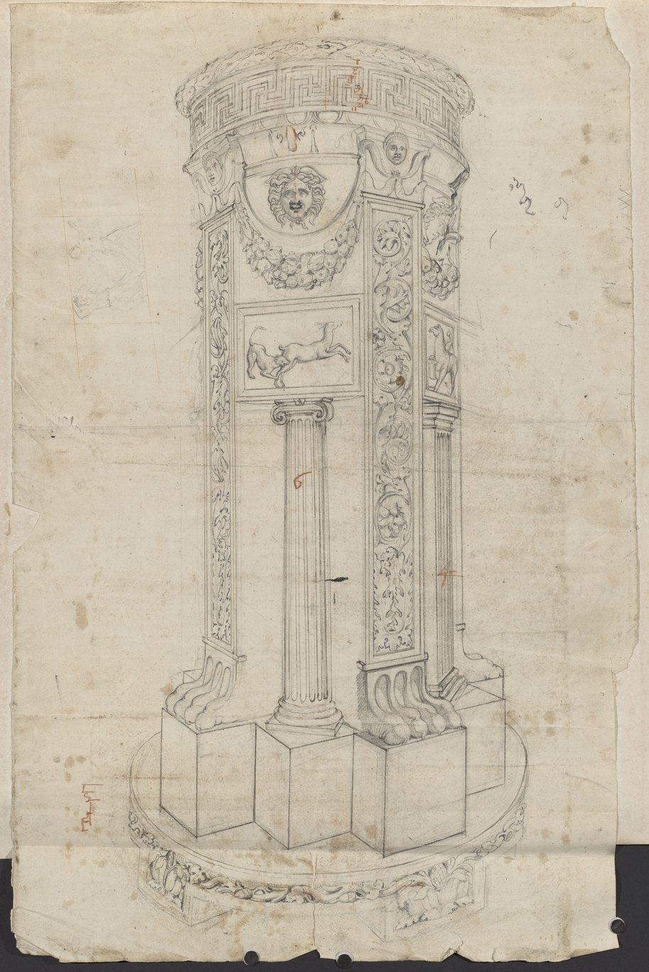 Auflichtaufnahme Tiefenräumliche Feder-, Kreide- und Graphitzeichnung des mit Pilastern und Säulen architektonisch gestalteten sogenannten Albano-Altar