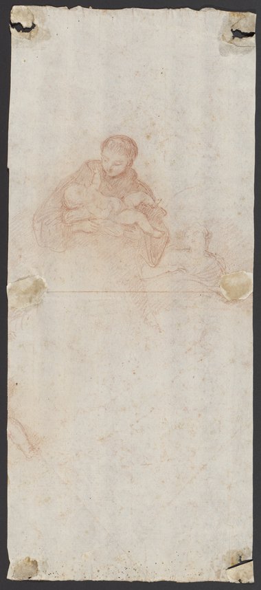 Auflichtaufnahme Rötelzeichnung des heiligen Antonius mit dem Christuskind und eine weitere, skizzenhafte Figur
