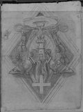 UV-Reflektografie  Zeichnung einer rautenförmigen Wappenkartusche, gefüllt unter anderem mit griechischem Kreuz, Trophäen, Festungsturm und bekröntem Adler als  Entwurf für den Deckenstuck in der Kirche Santa Maria del Priorato