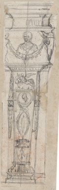 Visible reflectance photograph Black chalk drawing of chimney pillar decorated with figures