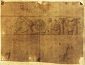 Durchlicht-Aufnahme  Schwarze Kreidezeichnung eines Frieses  unter anderem mit Bukranion, Prunkhelm, Amphore und weitere Detailstudien vom Vespasianstempel auf dem Forum Romanum