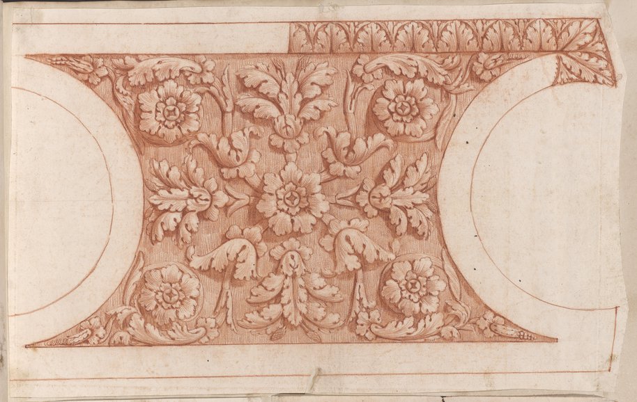Incident light image. Red chalk drawing of a soffit with leafy vines and a central flower, curving concavely to the sides