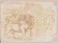 Infrarot-Falschfarben-Aufnahme Tiefenräumlich ausgearbeitete Rötelzeichnung des  Löwensarkophag aus dem Palazzo Savelli daneben ein Knabe mit einem Hasen