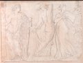Infrarot-Falschfarben-Aufnahme Kreidezeichnungen dreier Figuren in Frontalansicht, Bacchus, tanzende Mänade und Mänade mit Zither