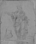 UV-Reflektografie Kreidezeichnung der bärtigen Männerfigur des Paulus mit zum Segensgestus ausgestrecktem rechten Arm und Schwert in der linken Hand, von der Marc-Aurel-Säule. Links daneben Rötelzeichnung eines Fußes in Sandale